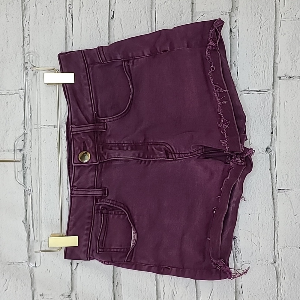 AE Next Level Low Rise Cuffed Raw Hem Cotton Denim Shortie Shorts in Burgundy - Picture 6 of 17